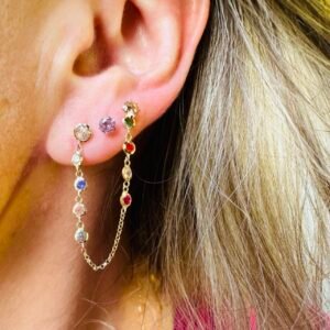 Par de Brincos Fio Zircônias Coloridas no Ouro Amarelo 18k