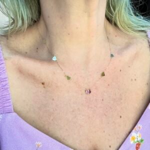 Gargantilha Topázio Rosa e Corações Espelhados no Ouro Amarelo 18k